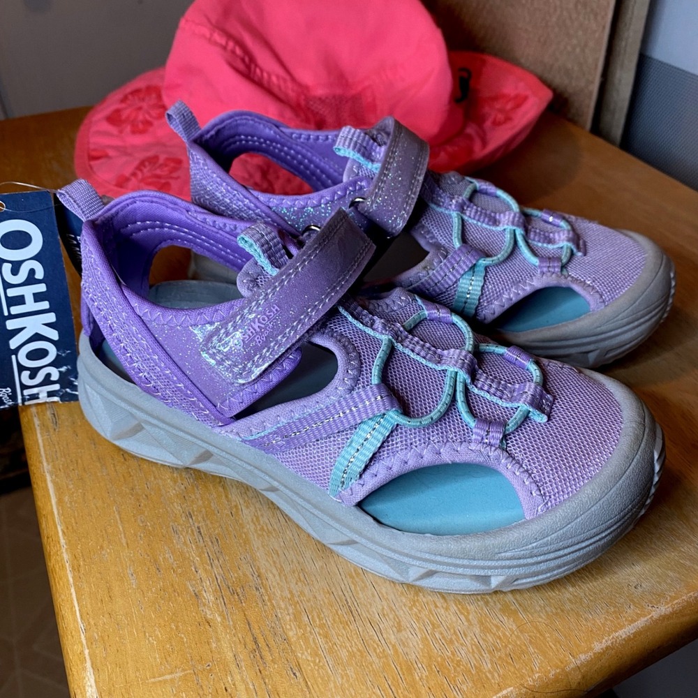 OshKosh Purple Glitter Water Sandals 12 Toddler & Pink UPF 50+ Sun Hat Set